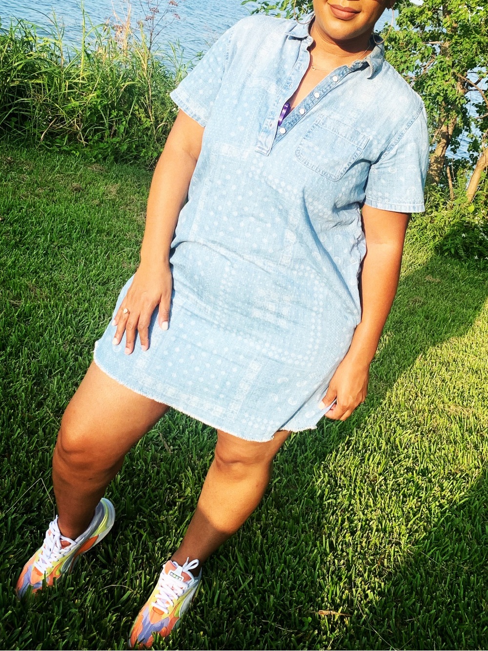 Light Blue Denim Bandana Print Dress